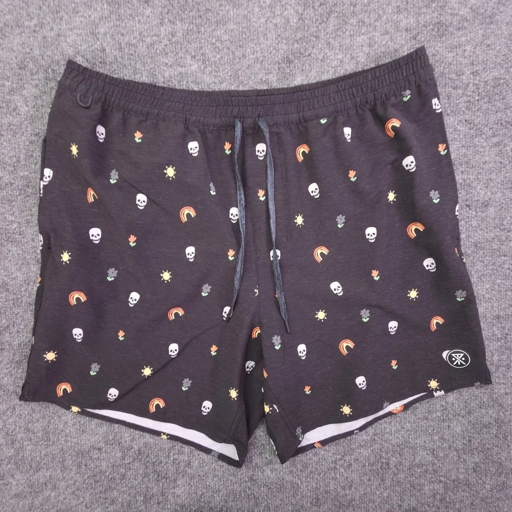Roark Shorey Calavera Elastic Waist Trunks Black Mens XL RB412 Skull Rainbow AOP